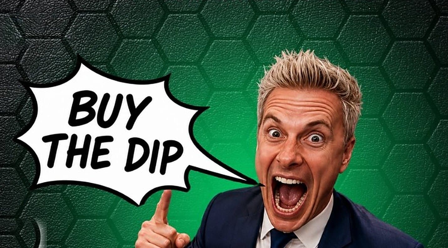 Gary Vaughan mid-shout, pointing at a comic speech bubble reading “buy the dip”